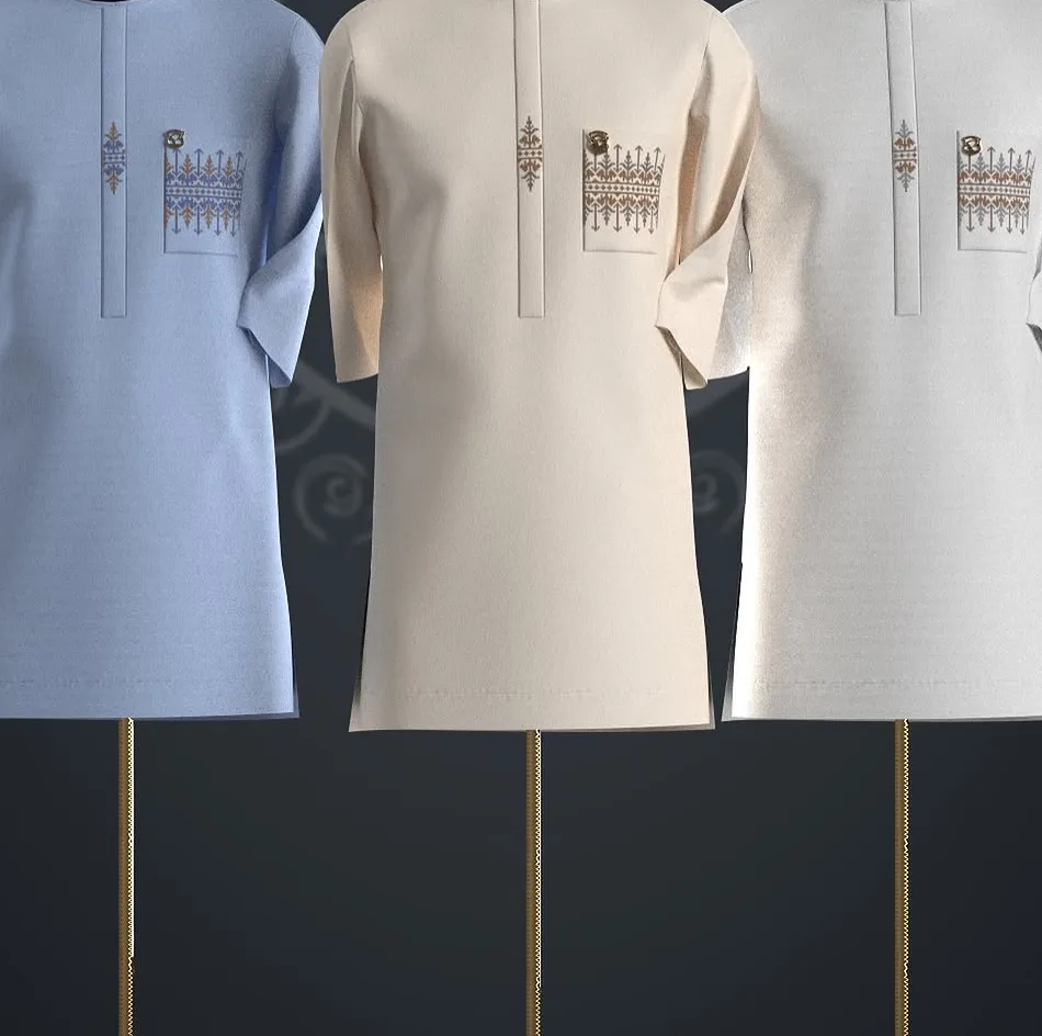 Three kaftans cut to one exact pattern in powder blue, cream and grey