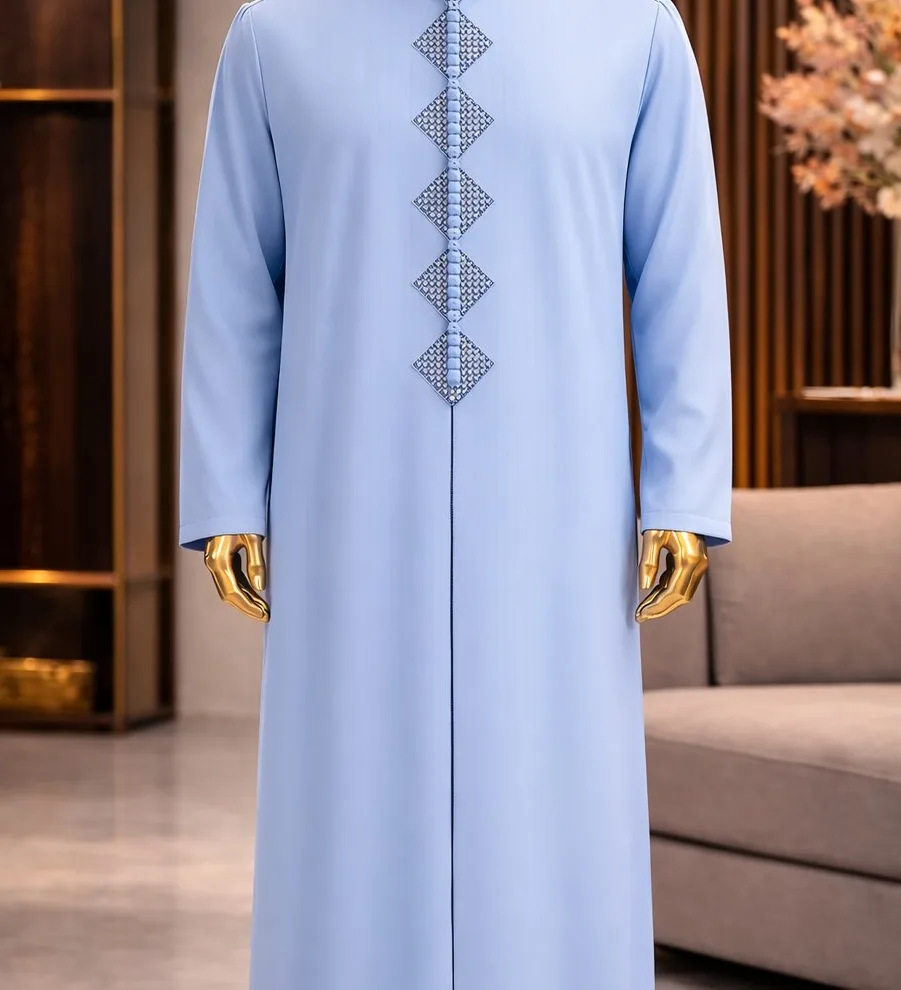 A powder-blue thobe with a diamond placket
